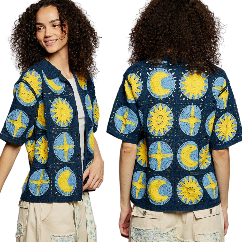 POL Celestial Crochet Patchwork Button-Up Shirt S… - image 13